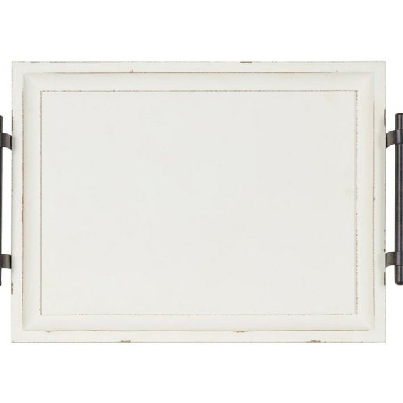 Off White Solid Wood Tray with Metal Handles & Feet - 16'' W x 12'' D x 3.75'' H - Picture 7 of 8